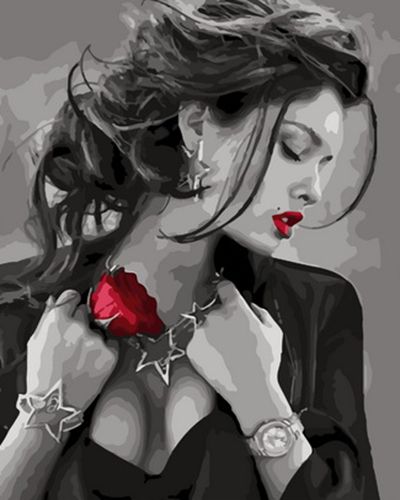 Картина по номерам 40x50 Сексапильная дама с красной розой