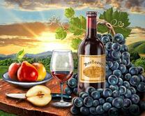 Вино, виноград и фрукты, и вид на закат