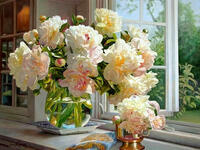Без бренда «Ваза с букетом белых пионов у окна» в Уфе