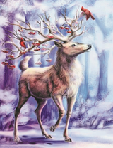 Олень с ягодами и птицами на рогах