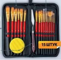 Без бренда «Коробка 50 шт.: Набор кистей для рисования в чехле, премиум набор (15 нейлоновых кистей, 1 мастихин) красные» в Уфе