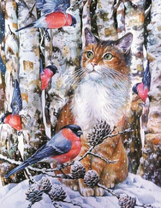 Кот в заснеженном лесу среди снегирей